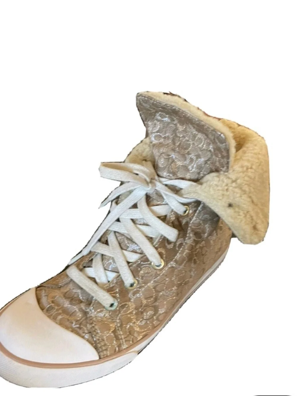 Coach Metallic Gold Monogram High-Top Sneaker with Shearling Collar